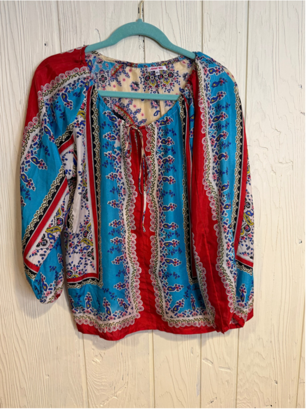 Women's Johnny Was Blouse XS Blue Red Paisley Floral Print Silk Top